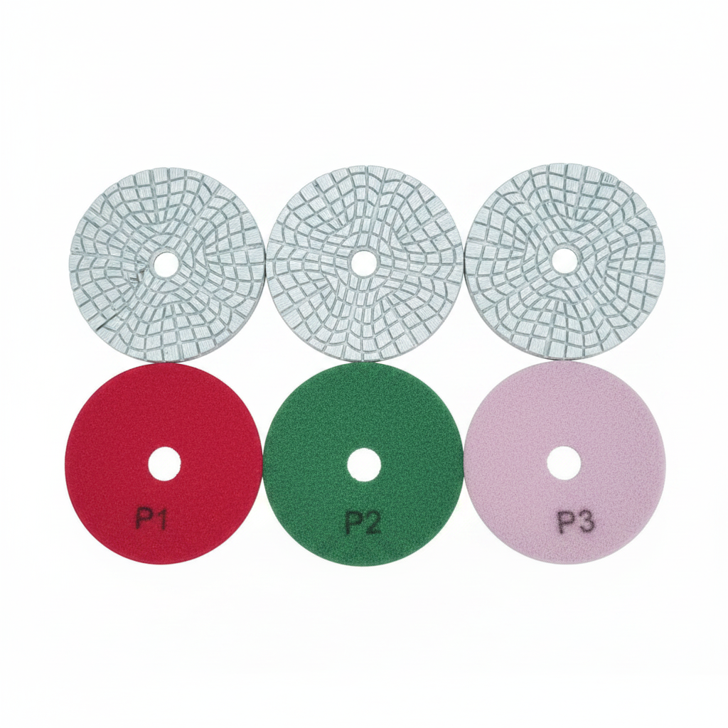 KAIYI 3-step diamond polishing pad set – Step 1 red, Step 2 green, Step 3 pink, white resin bond