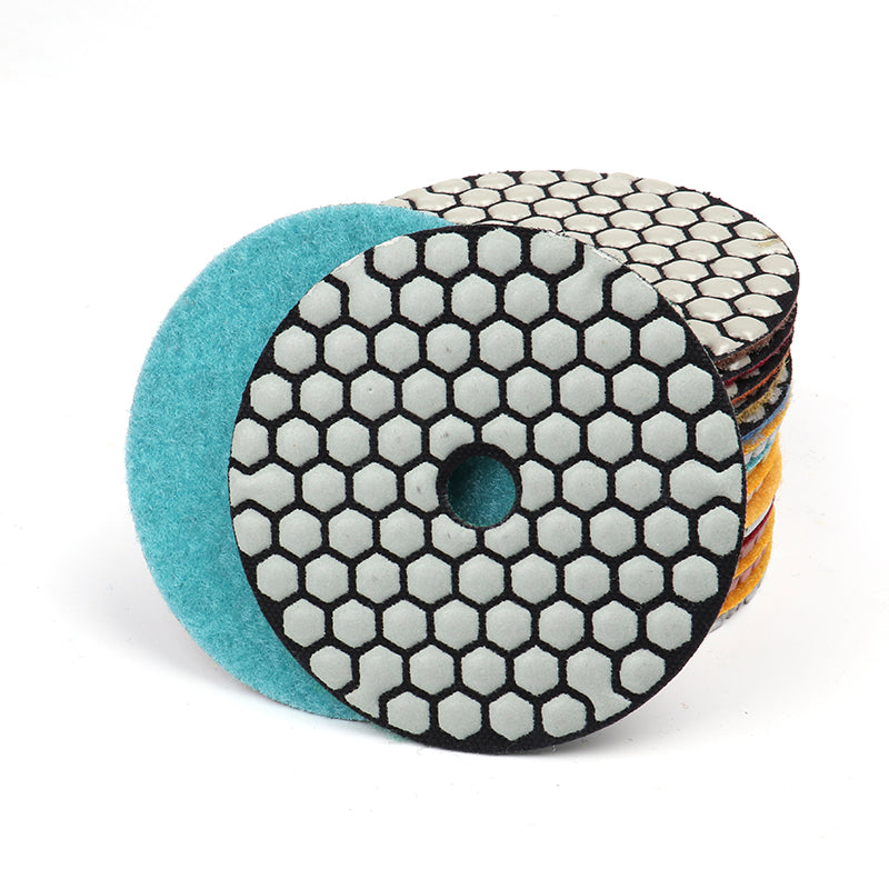 Complete dry polishing pad kit showing all grit levels for achieving mirror-like finish on natural stone